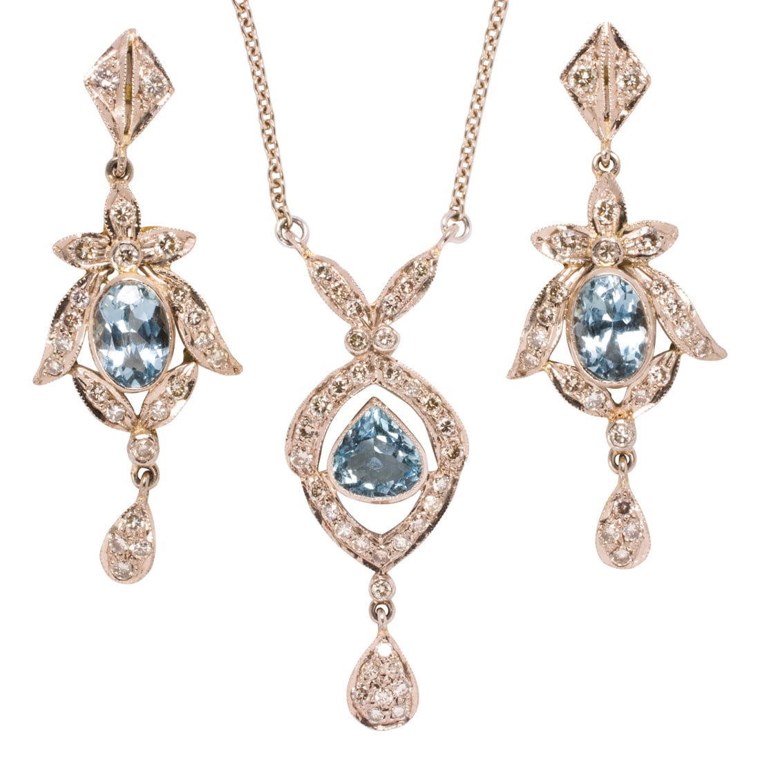 An aquamarine, diamond, and 18k bi-color gold necklace and earring set (1 of 2)