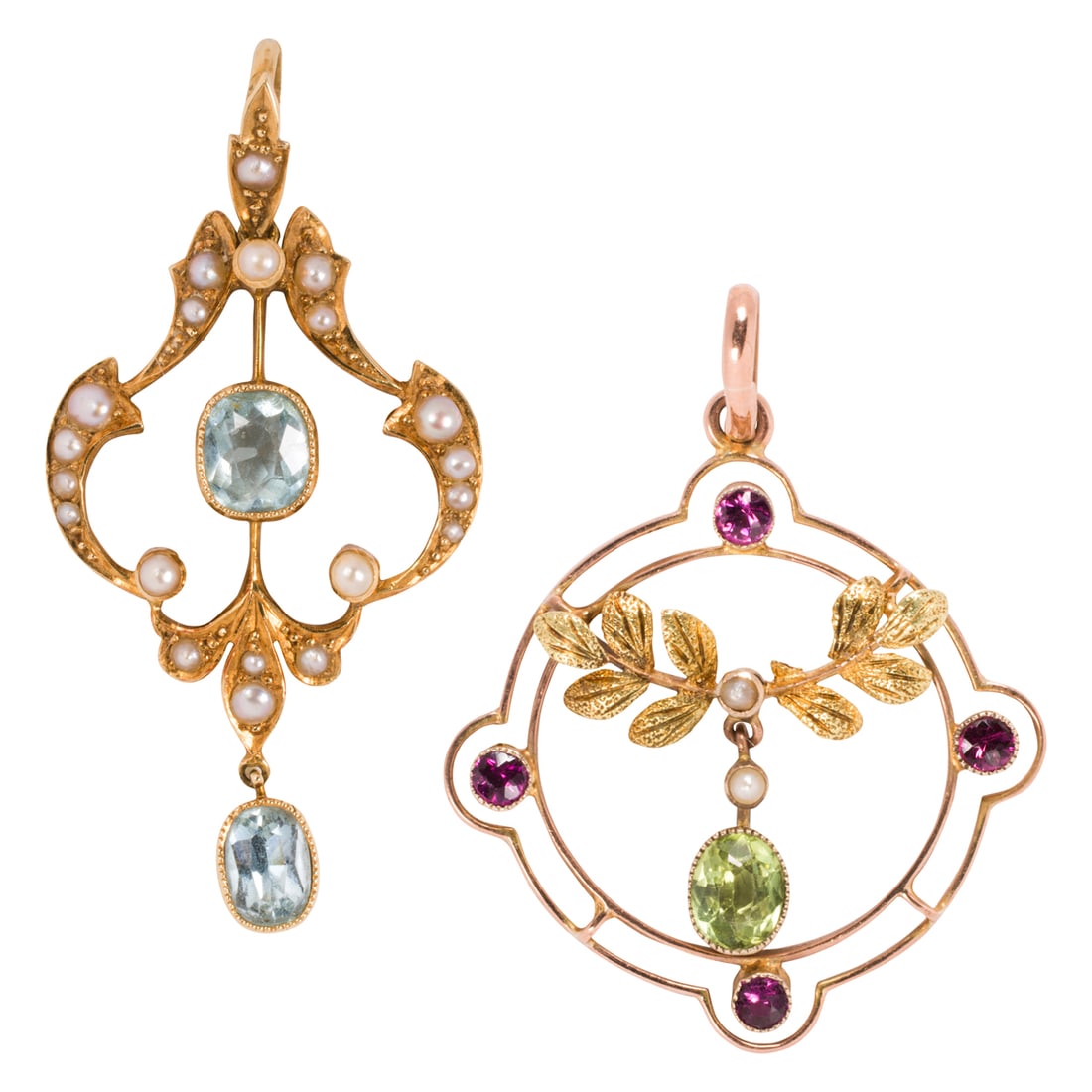 Two Art Nouveau gemstone, seed pearl, and gold pendants: Two Art Nouveau gemstone, seed pearl, and gold pendants Each of open-form lavalier design, one of 15k gold featuring a cushion and an oval-cut aquamarine, accented by seed pearls, together with a 10k 