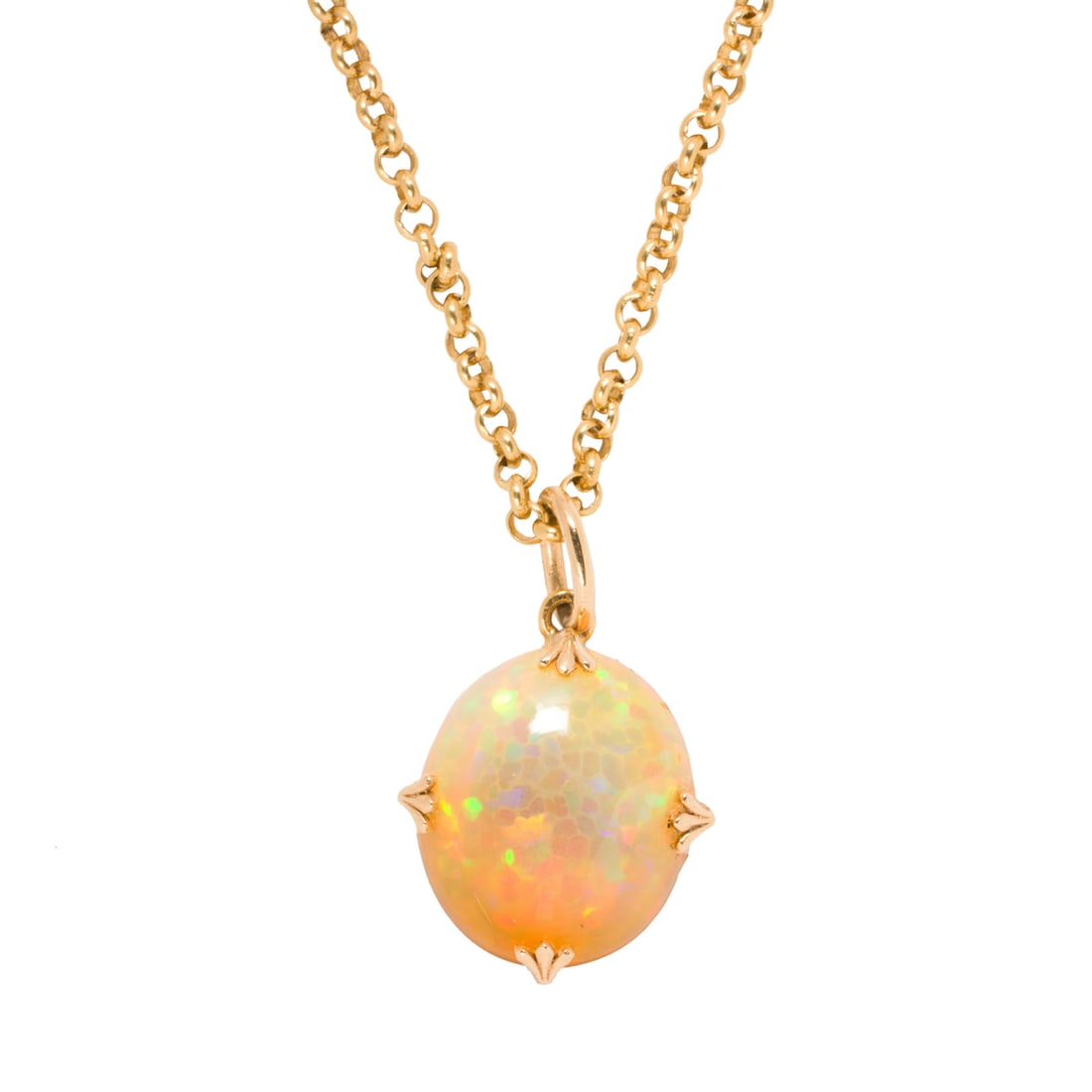 A synthetic opal and 14k gold pendant necklace: A synthetic opal and 14k gold pendant necklace Designed with an oval-shaped synthetic opal cabochon measuring 16.08 x 13.69 x 6.98 mm, on circle-link chain; pendant length: 1 in; chain length: 18 in; 