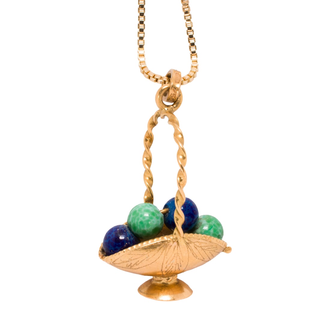 An 18k gold and silver pendant necklace: An 18k gold and silver pendant necklace The 18k gold pendant designed as a bowl of fruit, set with four blue and green glass beads, on vermeil sterling silver box-link chain; pendant length: 1 3/8 in;