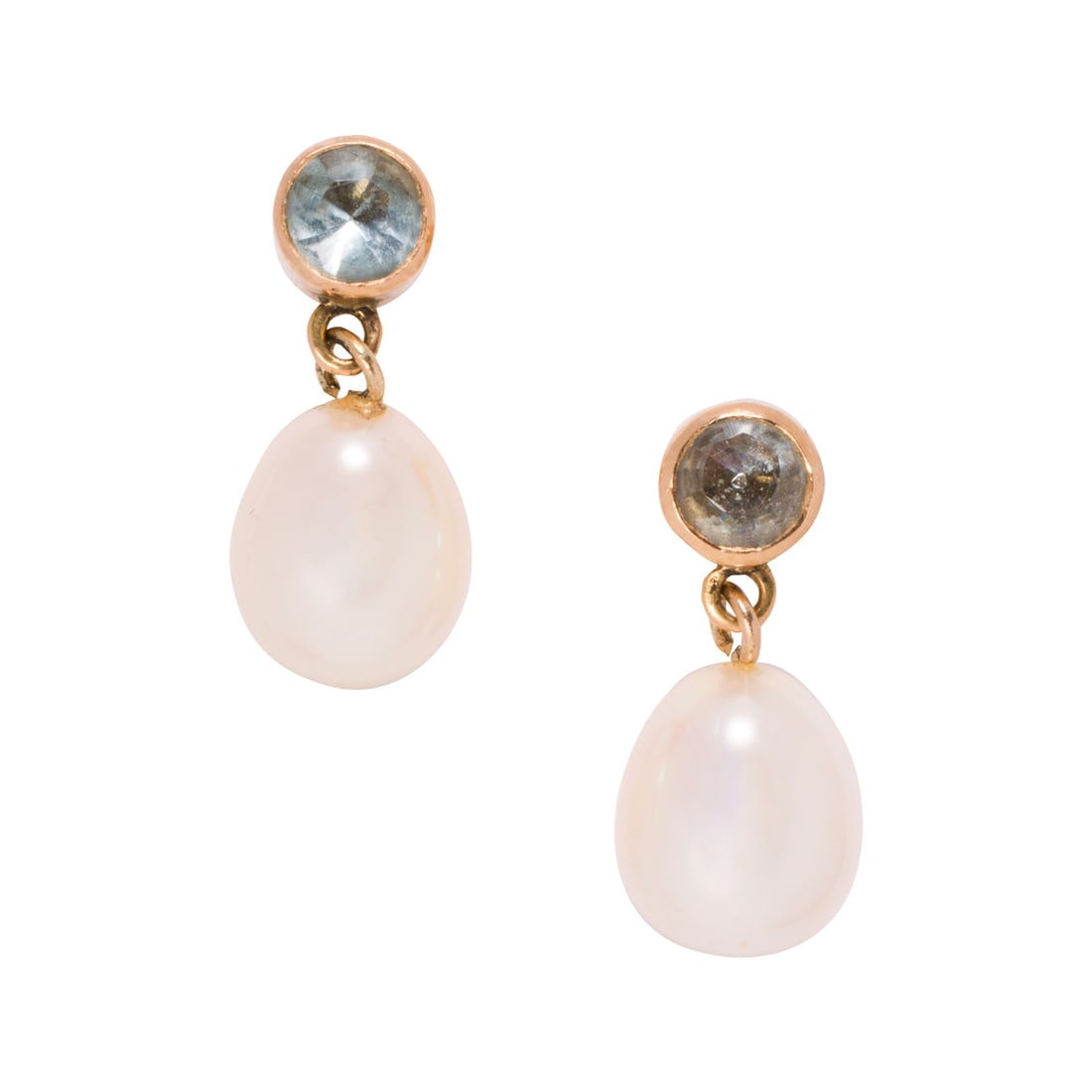 A pair of aquamarine, cultured pearl, and 18k gold earrings: A pair of aquamarine, cultured pearl, and 18k gold earrings Featuring baroque cultured pearls measuring 9.52 x 8.18 mm, suspended from round-cut aquamarines measuring 4.36 mm; length: 3/4 in; 3.90 gra