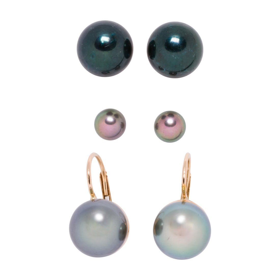 Three pairs of cultured pearl and 14k gold earrings: Three pairs of cultured pearl and 14k gold earrings each set with black cultured pearls; length: 1 1/8 in - 1/3 in; gross weight: 4.6 grams (pearls not tested for origin of color)