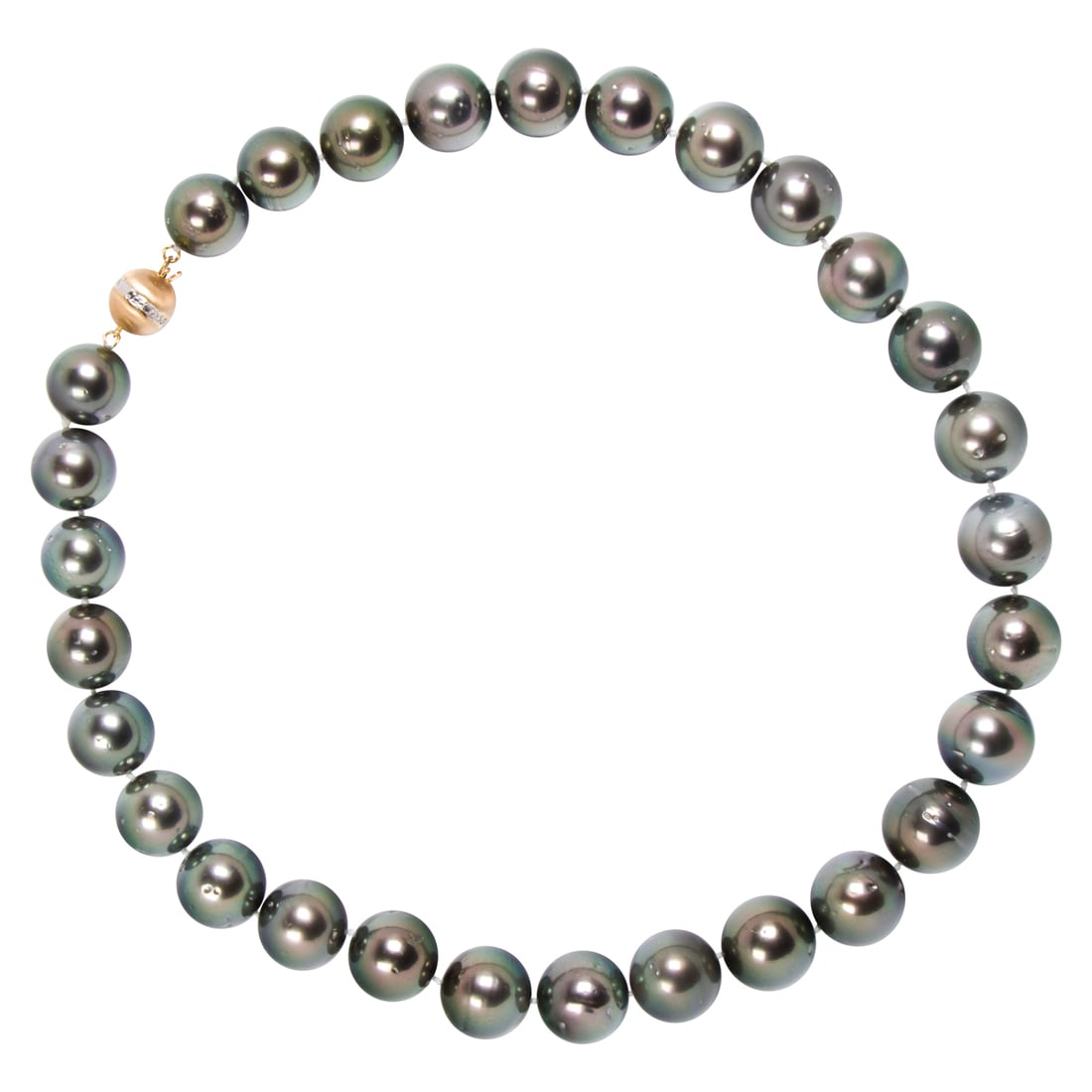 A Tahitian South Sea cultured pearl and 14k gold necklace: A Tahitian South Sea cultured pearl and 14k gold necklace Designed as a line of 29 graduated cultured pearls measuring from 16.45 to 14.00mm, joined by gold ball clasp; length: 16 in (pearls not teste