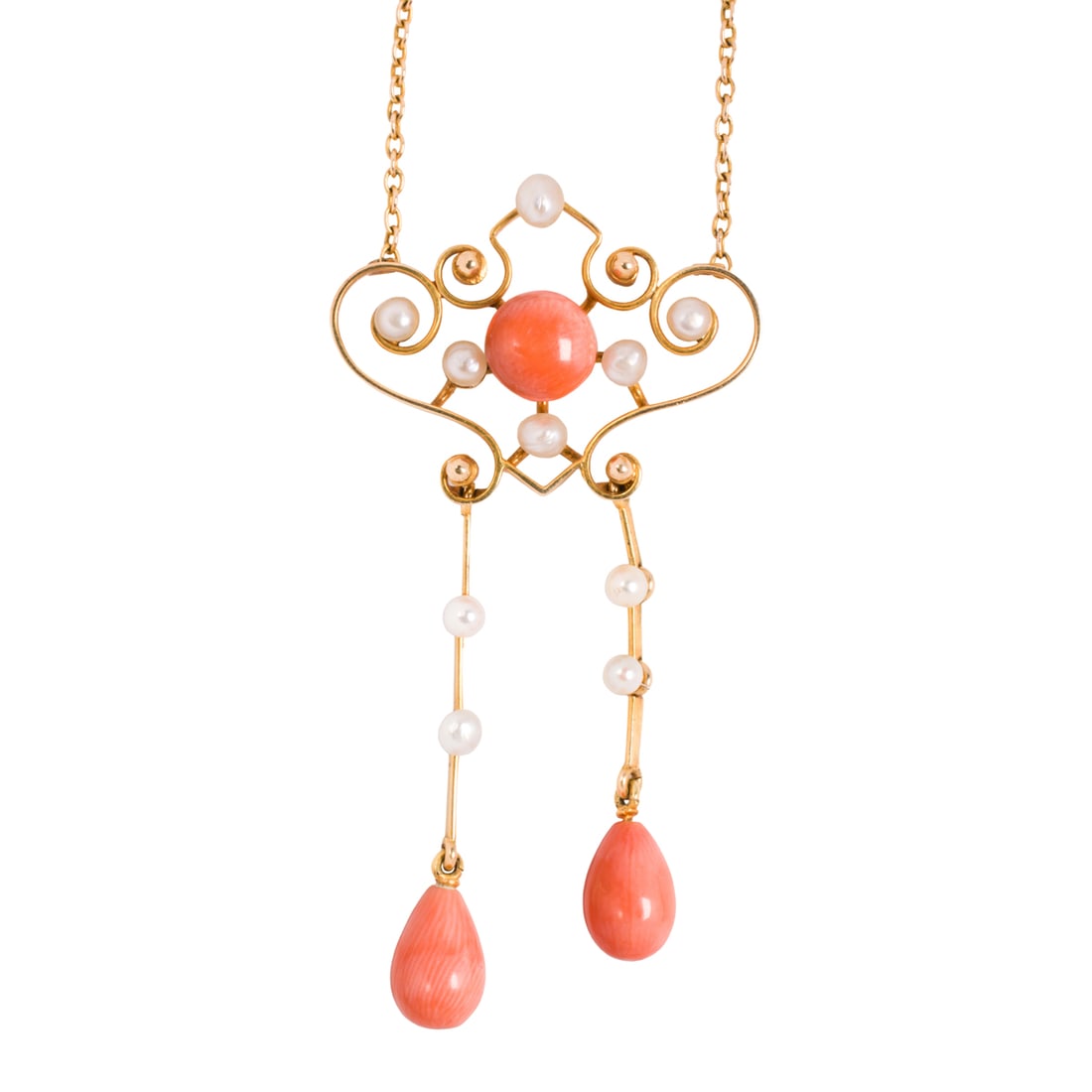 An Art Nouveau coral, seed pearl, and 14k gold necklace: An Art Nouveau coral, seed pearl, and 14k gold necklace Of open-form lavalier design, set with button and drop-shaped coral cabochons and 10 seed pearls; length: 16 in; 5.55 grams