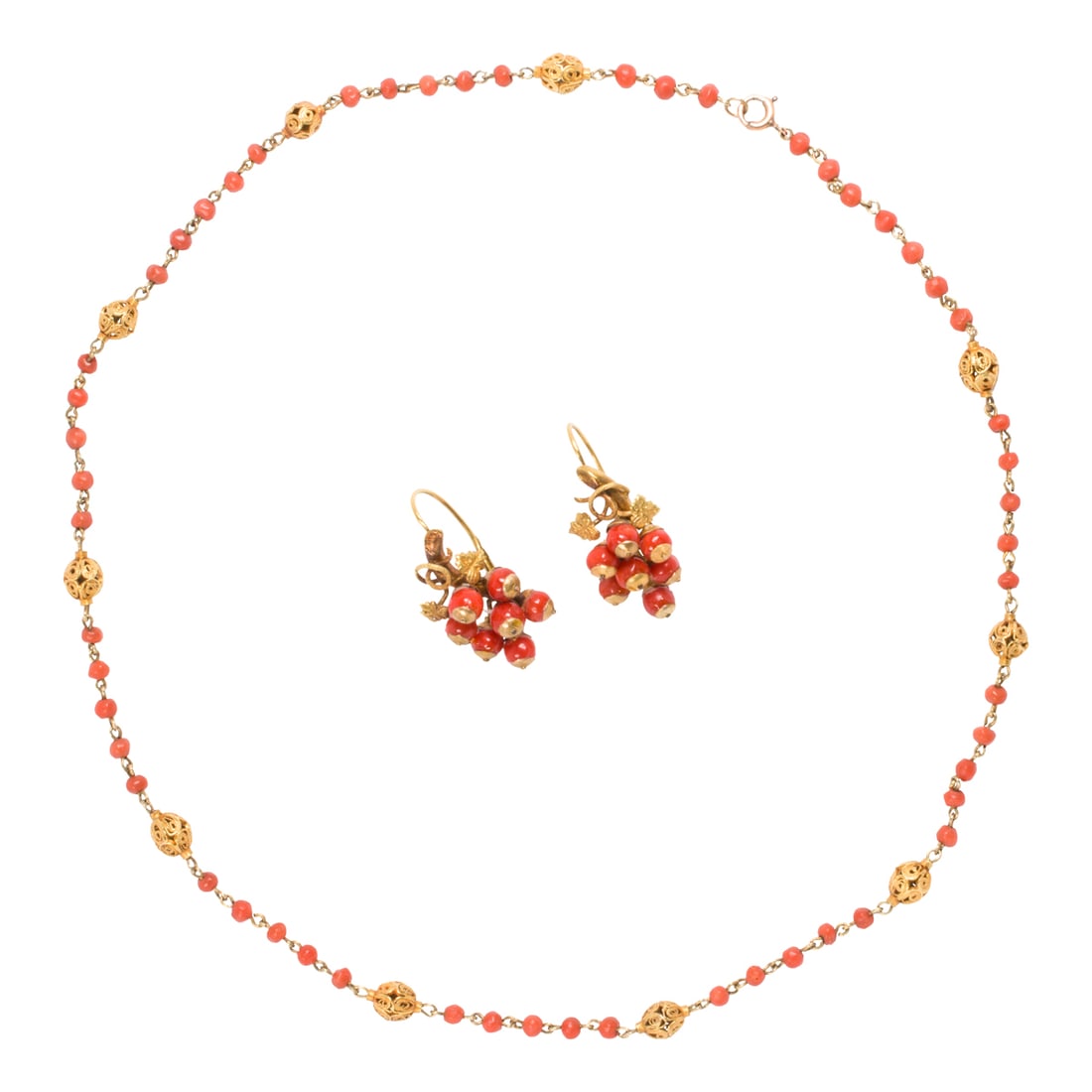 Antique coral and gold necklace and earrings: Antique coral and gold necklace and earrings the necklace featuring 18k gold filigree beads, with small coral beads and 10k gold wire and clasp, together with a pair of French 18k gold grape cluster d