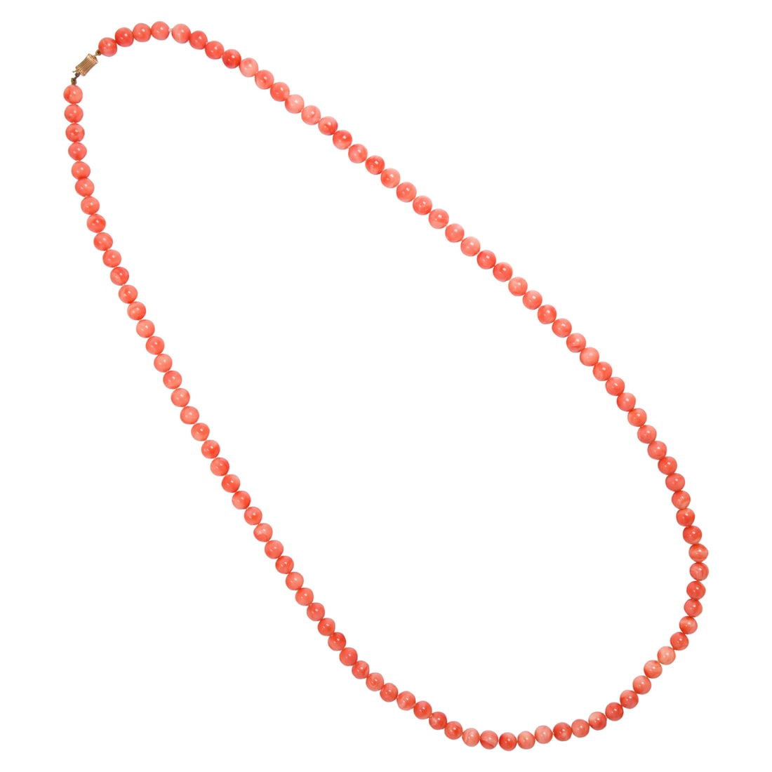 A coral and 14k gold necklace: A coral and 14k gold necklace designed with round coral beads measuring approximately 8.0mm, to a fluted clasp; length: 33 1/2 in; 77.18 grams