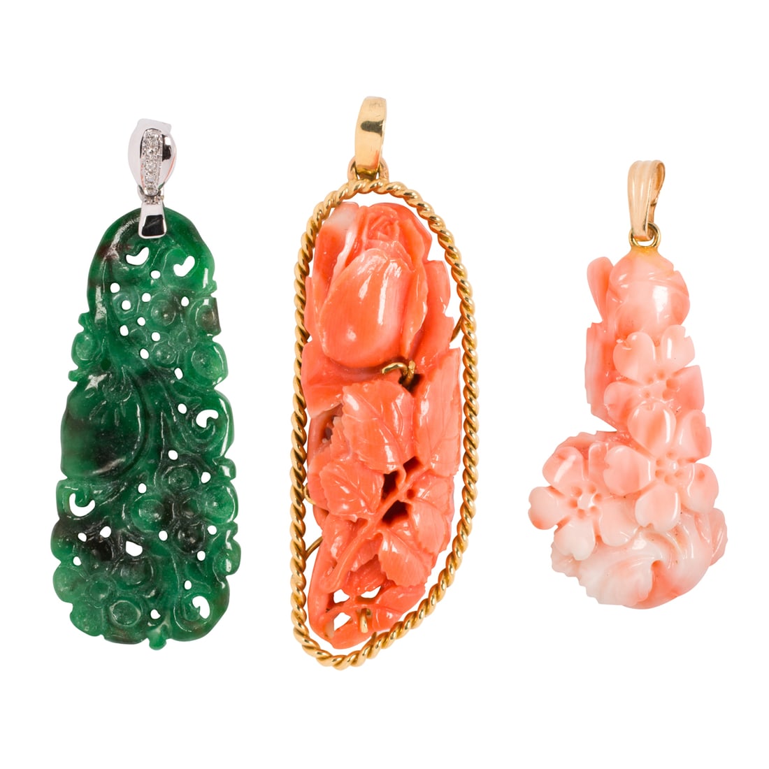 Three coral, jade, and gold pendants (1 of 1)