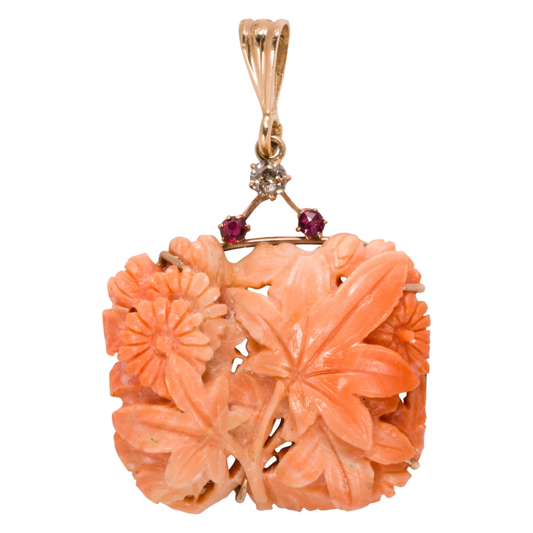 A carved coral, ruby, diamond, and 14k gold pendant: A carved coral, ruby, diamond, and 14k gold pendant Of botanical design, acented by two round-cut rubies and one old mine-cut diamond; length: 1 3/4 in; 8.30 grams