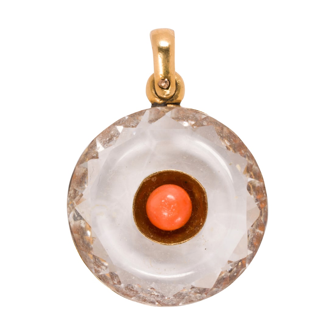 A coral, rock crystal, and 14k gold pendant: A coral, rock crystal, and 14k gold pendant Designed with a button-shaped coral cabochon measuring 5.20 mm, within a faceted rock crystal setting, framed by by 14k gold; length: 1 1/4 in; 8.70 grams