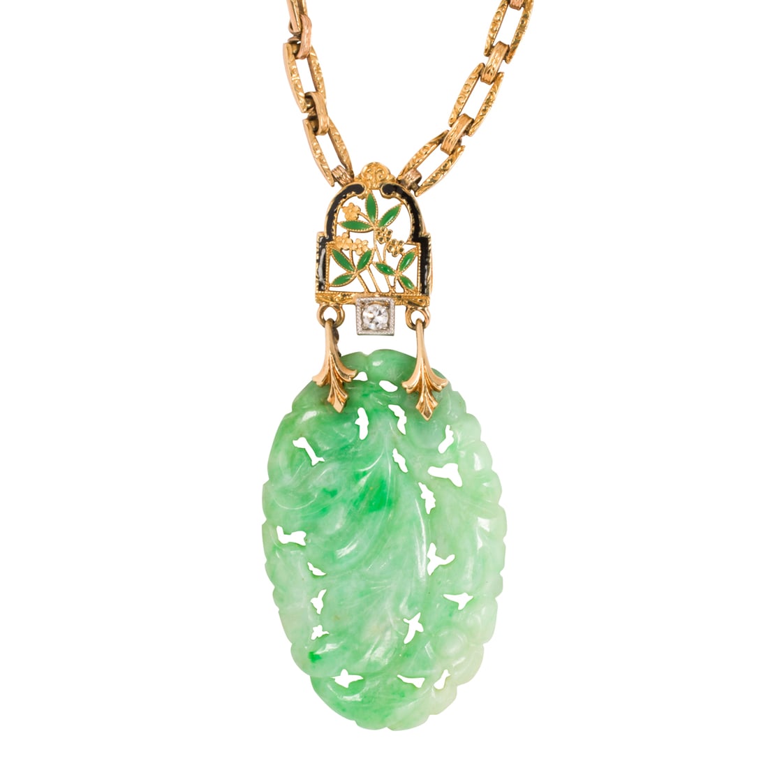 A jade, diamond and enamel 14k gold pendant necklace: A jade, diamond and enamel 14k gold pendant necklace featuring a floriform jade carving surmounted by enamel and a single-cut diamond, on modified curb-link chain; carving length: 1 1/3 in; chain leng