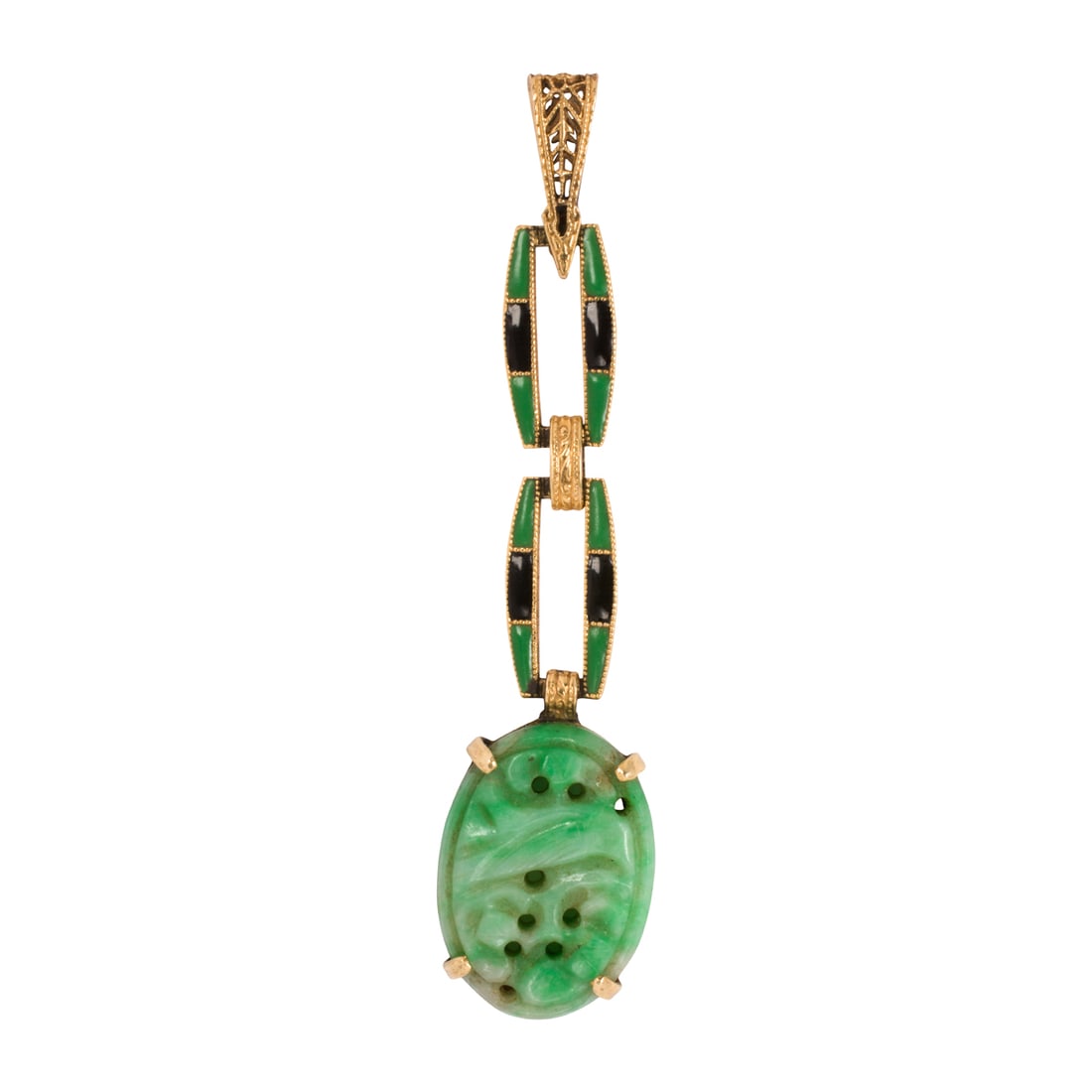 A jade, enamel, and 14k gold pendant: A jade, enamel, and 14k gold pendant Featuring a jade tablet carving of a bird, surmounted by links set with black and green enameling; length: 2 1/8 in; 3.05 grams