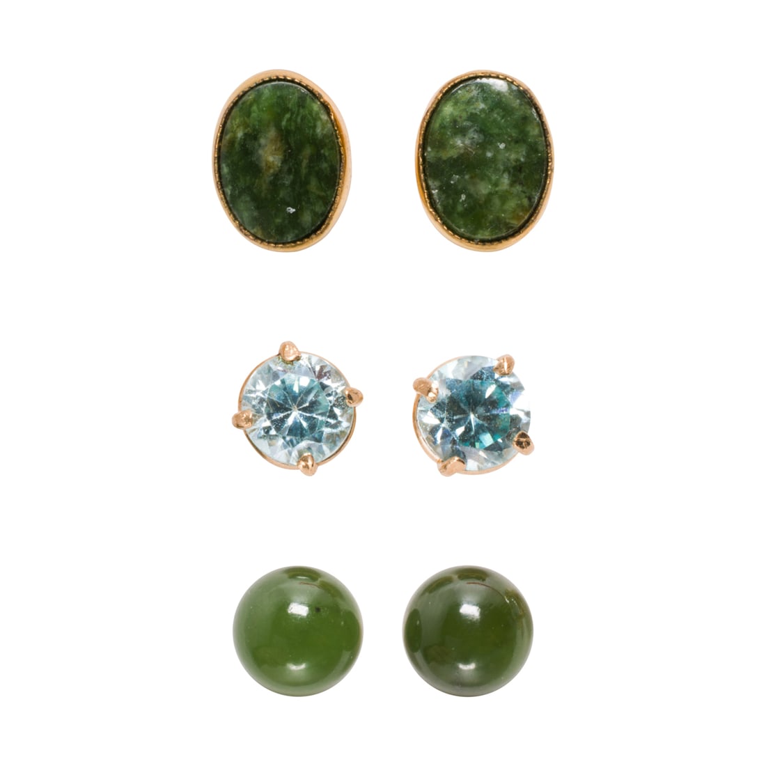 A group of jade, blue zircon and 14k gold stud earrings: A group of jade, blue zircon and 14k gold stud earrings Comprising two set with jade and one pair set with circular-cut blue zircon; lengths: 1/3 - ? in;4.30 grams