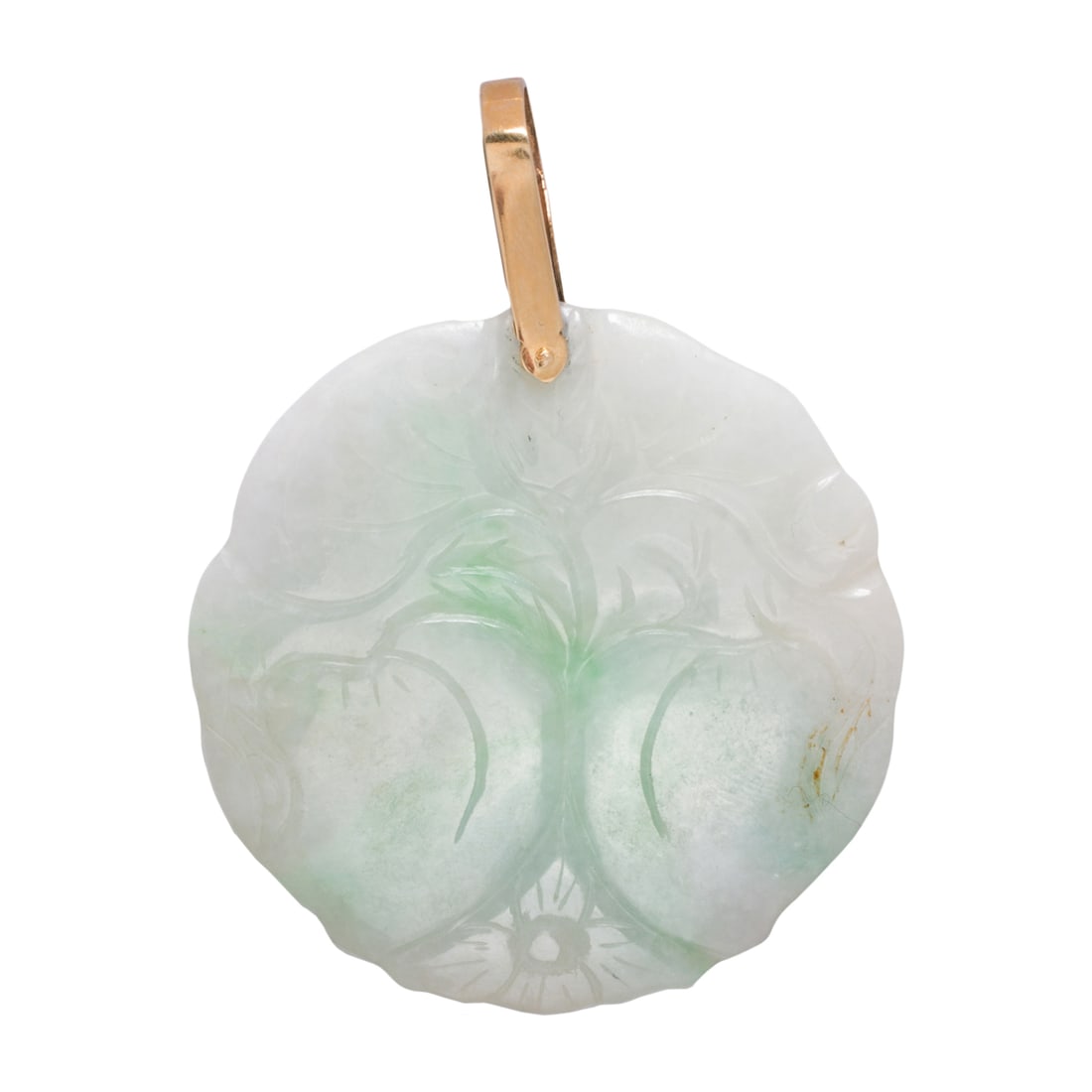 A jade and 14k gold pendant: A jade and 14k gold pendant featuring a jade carving depicting peaches; length: 2 3/4 in; 23.80 grams