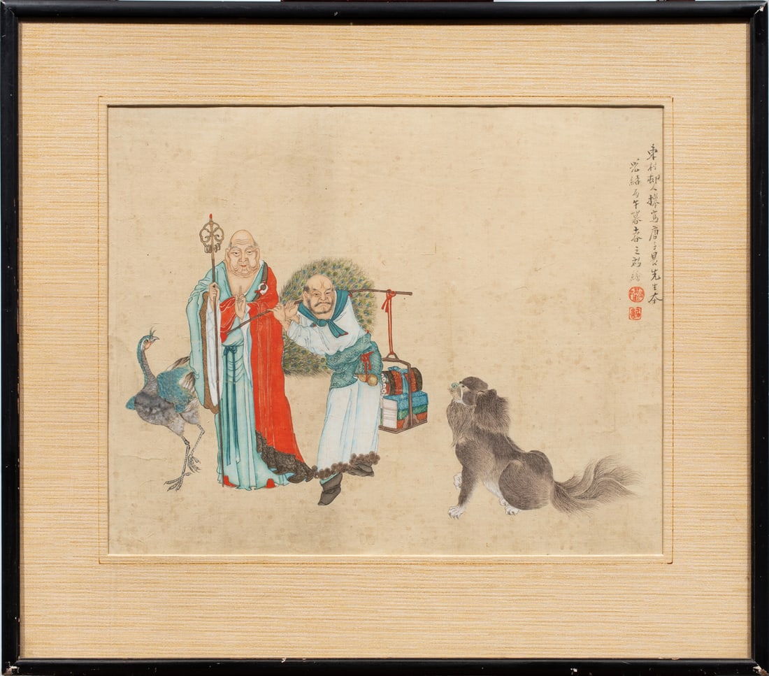 Chinese school - Monk and attendant: Chinese school - Monk and attendant. Ink and color on silk, depicting a standing monk and an attendant, accompanied by a bird and dog, with inscription indicating the work was painted by artist, after