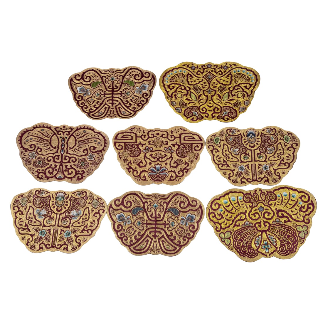 (lot of 8) Chinese embroidered silk 'butterfly' panels: (lot of 8) Chinese embroidered silk 'butterfly' panels. Of butterfly form with radiating floral and foliate motif, 20th century, from 11.25"h x 17.25"w to 12.5"h x 19.5"w.