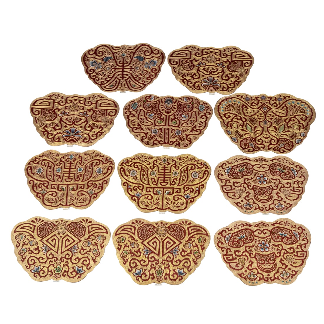 (lot of 11) Chinese embroidered silk 'butterfly' panels: (lot of 11) Chinese embroidered silk 'butterfly' panels. Of butterfly form with radiating floral and foliate motif, 20th century, from 11.25"h x 16.625"w to 12.5"h x 19.5"w.