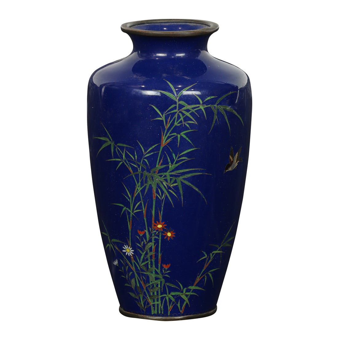 A Japanese cloisonne vase: A Japanese cloisonne vase. Attributed to Hayashi Kodenji, depicting bird, bamboo and flowers, Meiji period, 4.75" high.