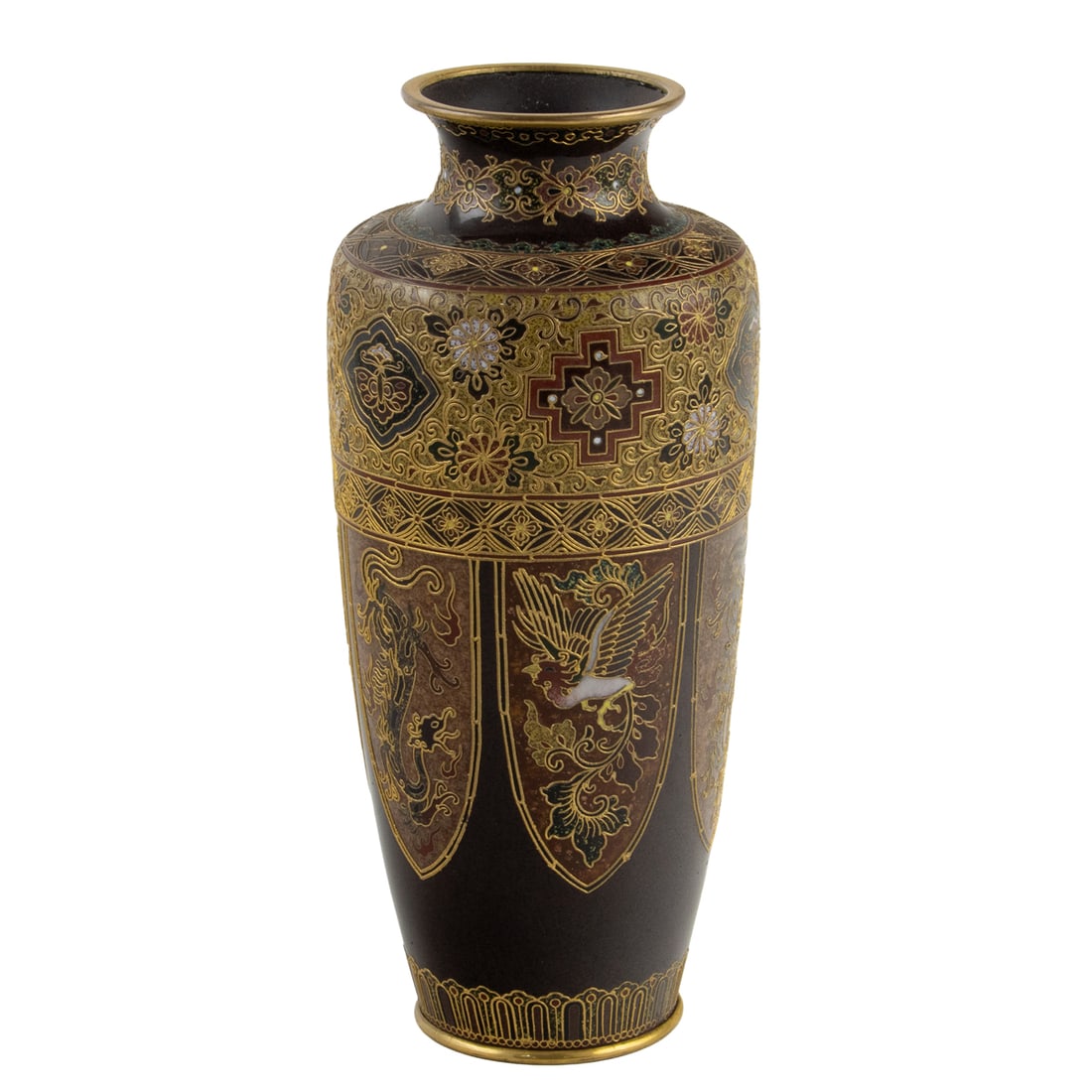 A Japanese gilt-wire cloisonne enamel vase: A Japanese gilt-wire cloisonne enamel vase. Decorated in colored enamels and gilt wire with pendent shield-shaped reserves enclosing phoenix and dragon, Meiji period, 9.375" high.