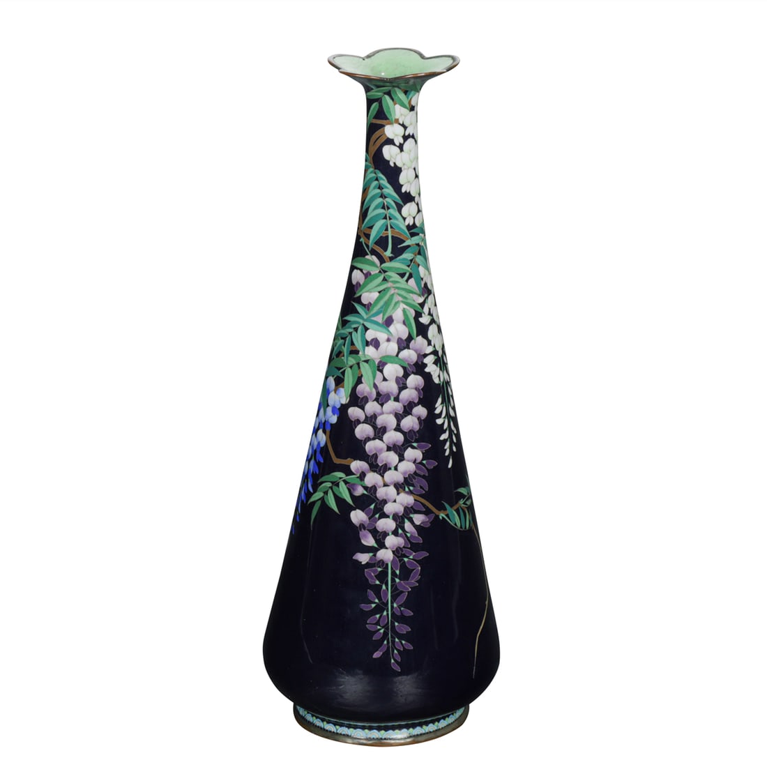 A Japanese cloisonne wisteria vase: A Japanese cloisonne wisteria vase. Attributed to Gonda Hirosuke, bearing artist's mark, Meiji period, 12" high.