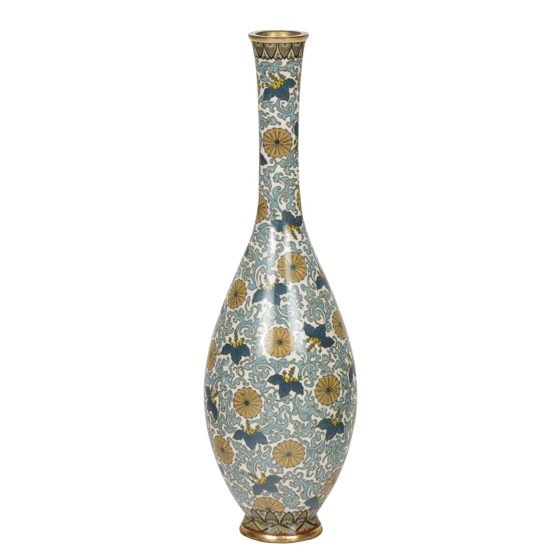 A Japanese cloisonne bottle vase: A Japanese cloisonne bottle vase. Depicting stylized chrysanthemum blossoms, and scrolling vine, Meiji period, 11" high.