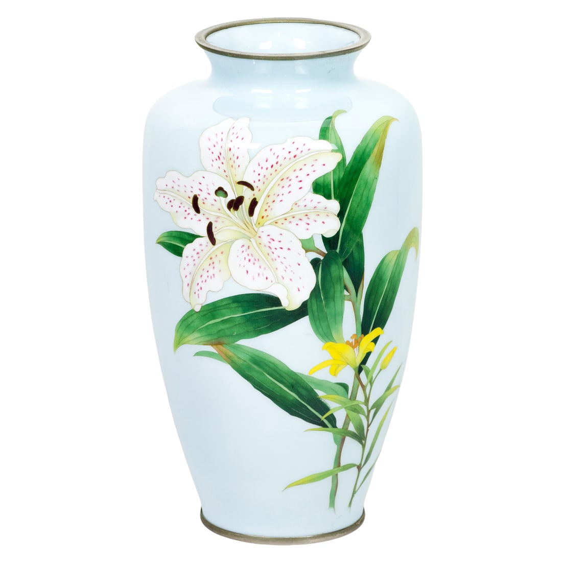 A Japanese cloisonne vase: A Japanese cloisonne vase. Decorated with a large blooming lily and leafy stems, Meiji, early 20th century, 12" high.