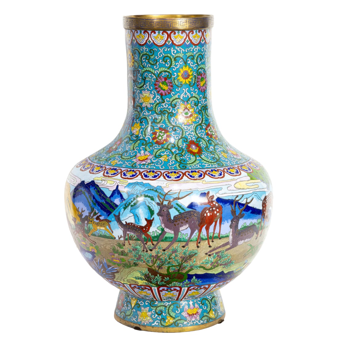 A Chinese cloisonne enamel vase: A Chinese cloisonne enamel vase. Of globular form with cylindrical neck, the neck and foot decorated with scrolling lotus and foliate meander, the body depicting deers in continuous landscape setting,