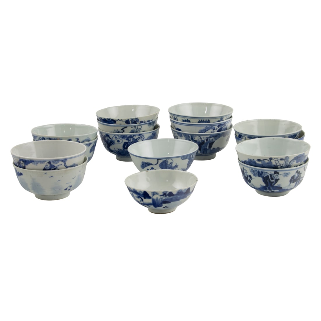 (lot of 16) Chinese blue and white bowls: (lot of 16) Chinese blue and white bowls. Depicting figural and landscape motifs, bearing various mark, including five with Kangxi four-character mark, one with Qianlong four-character mark, two with 