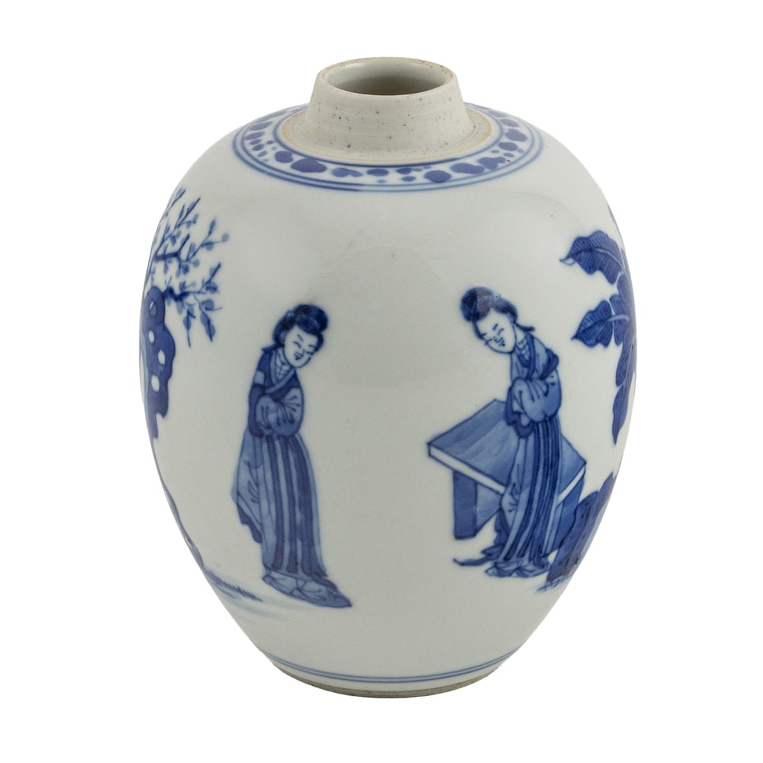 A Chinese blue and white jar: A Chinese blue and white jar. Depicting beauties in garden setting, bearing floral mark, Kangxi period, 4.875" high.