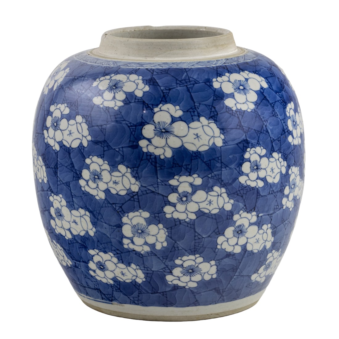 A Chinese blue and white 'cracked ice and prunus' jar (1 of 2)