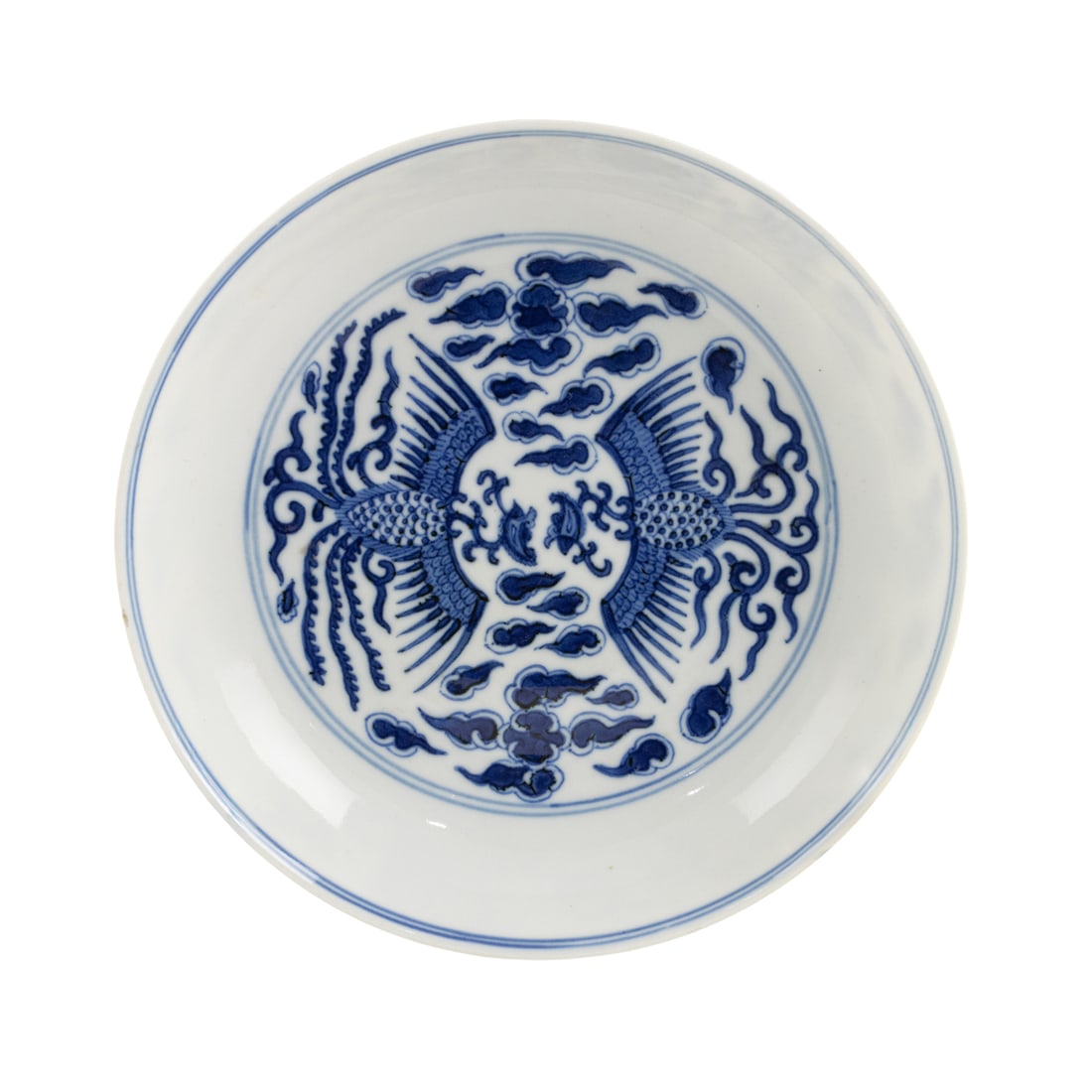 A Chinese blue and white phoenix dish: A Chinese blue and white phoenix dish. Bearing Guangxu six-character mark and of the period, 6.5" across.