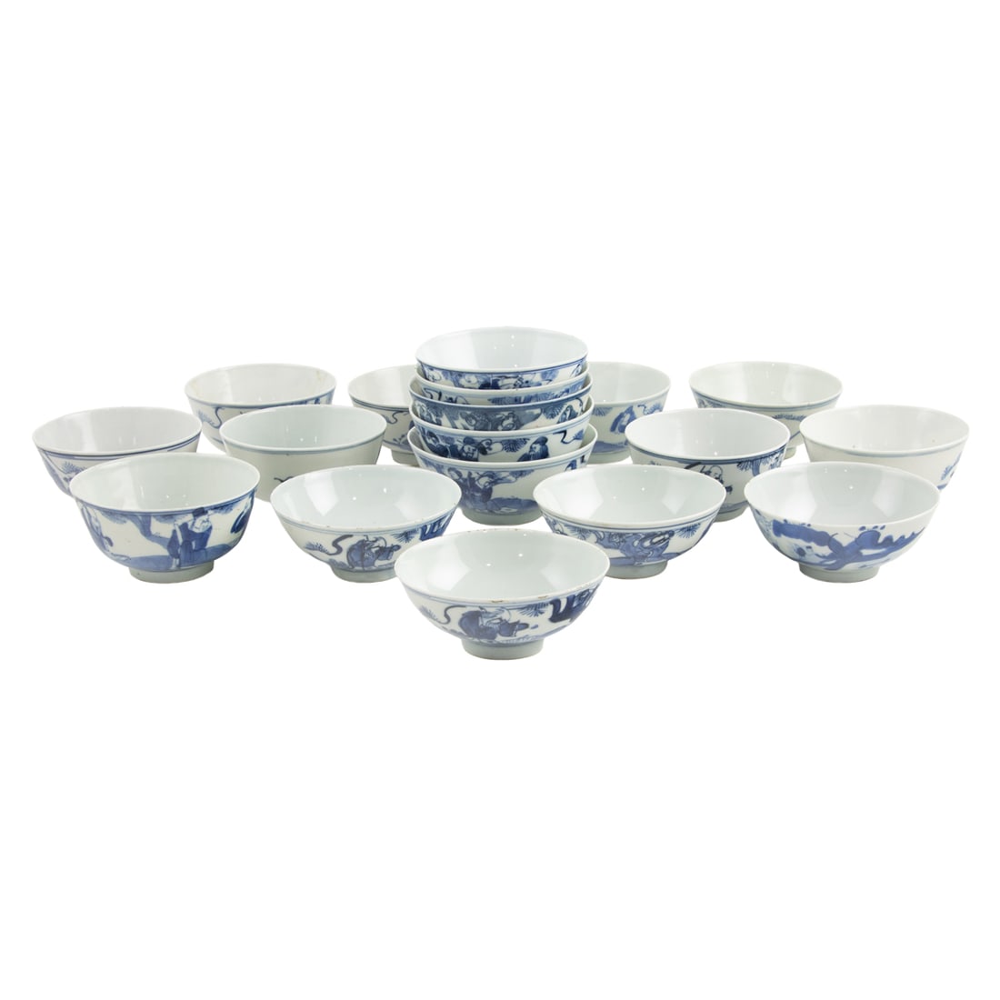 (lot of 18) Chinese blue and white bowls: (lot of 18) Chinese blue and white bowls. Depicting figural motif, bearing Yu one-character mark and Wanyu two character mark, late 19th century, from 4.625" to 5.25" across.