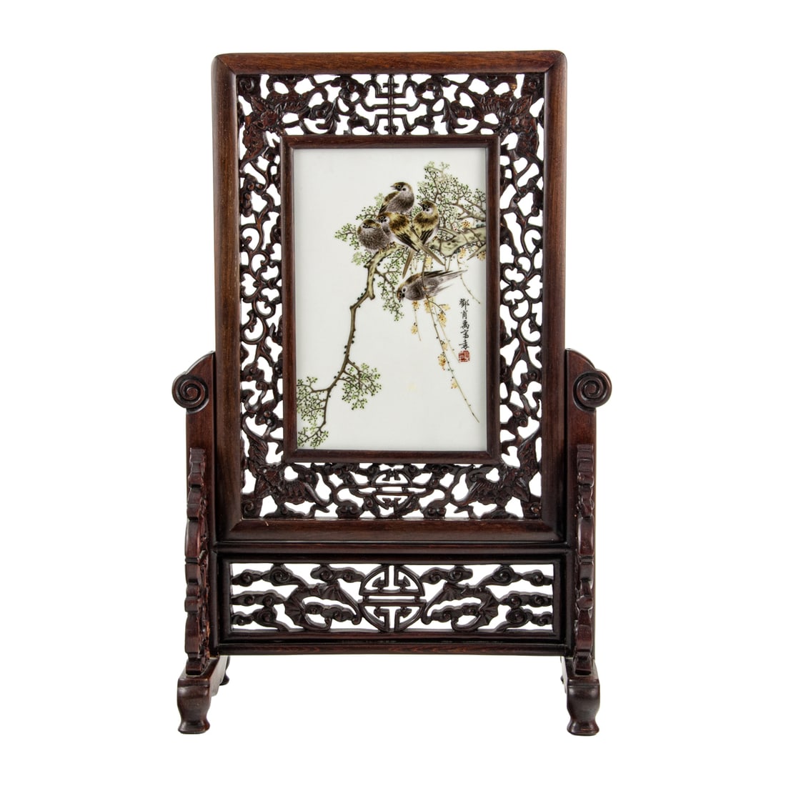 A Chinese enameled porcelain table screen: A Chinese enameled porcelain table screen. Painted with four sparrows perched on a flowering branch, signed Deng Xiaoyu (1920-2000), 7.5"h x 4.75"w of the plaque.