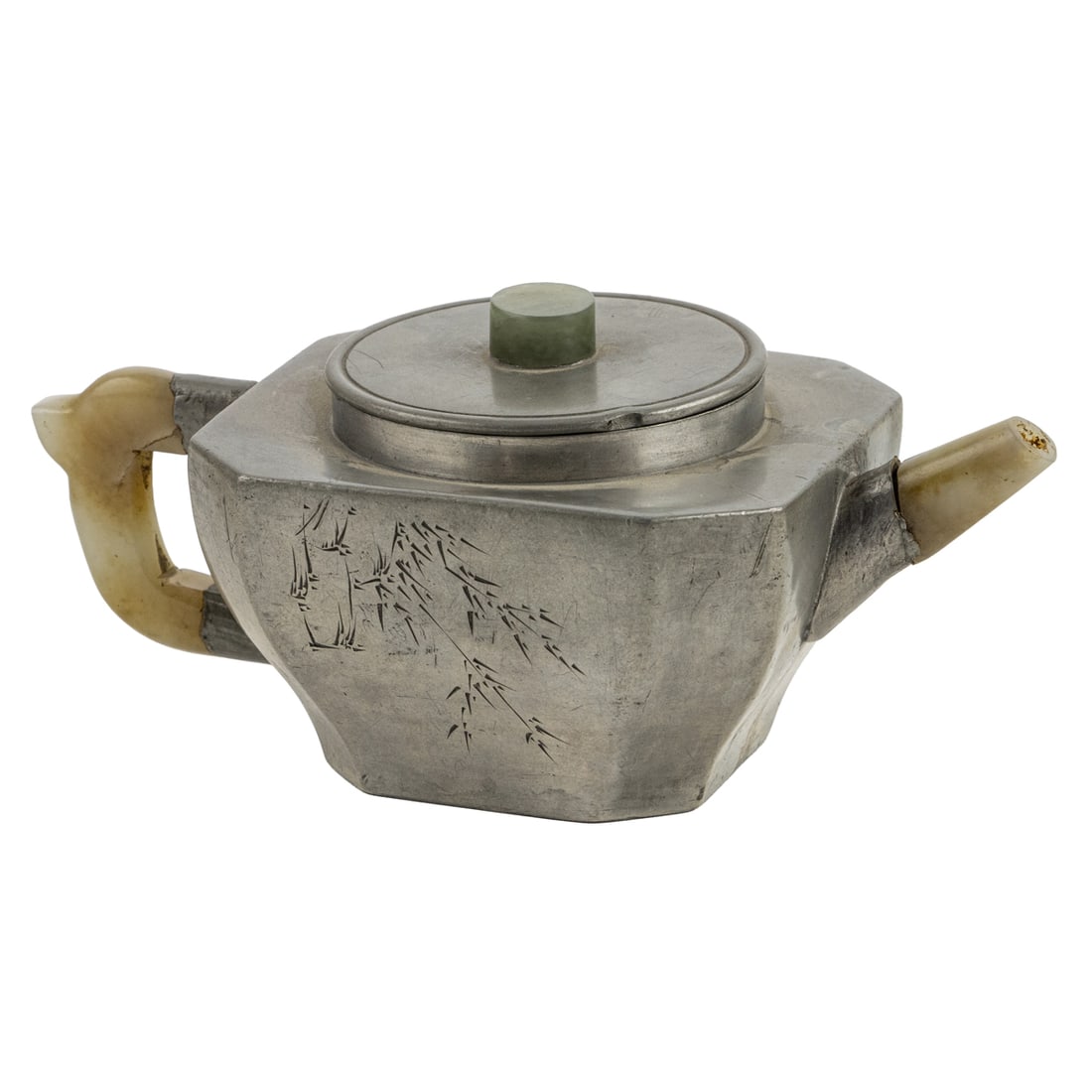 A Chinese pewter mounted Yixing teapot with jade mounts (1 of 3)