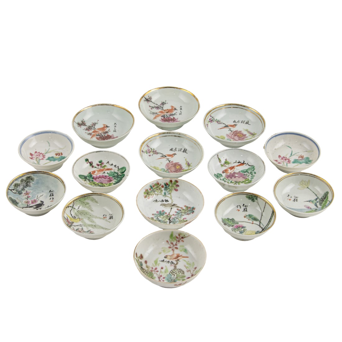 (lot of 14) Chinese famille rose saucer dishes: (lot of 14) Chinese famille rose saucer dishes. Depicting birds and floral motif, Republic period, from 2.75" to 3.25" across.