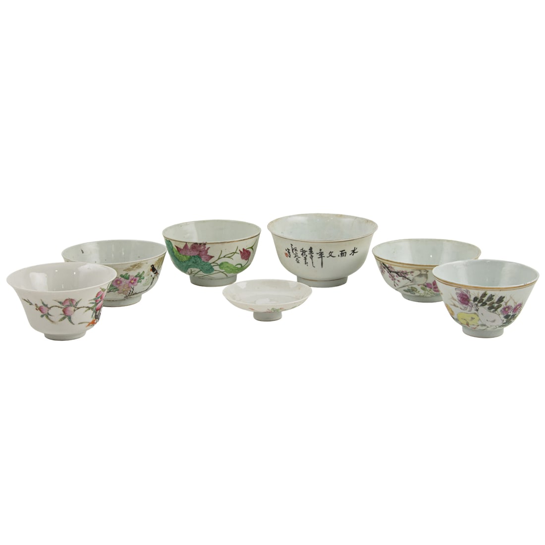 (lot of 6) Chinese famille rose 'flower and bird' bowls: (lot of 6) Chinese famille rose 'flower and bird' bowls. Early 20th century, from 3.375" to 5.125" across.