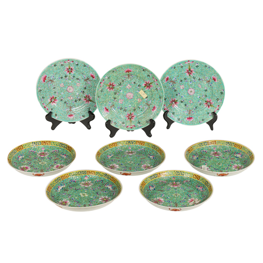 (lot of 8) Chinese famille rose dishes: (lot of 8) Chinese famille rose dishes. Featuring floral design and longevity motif, Republic period, 7.75" across.