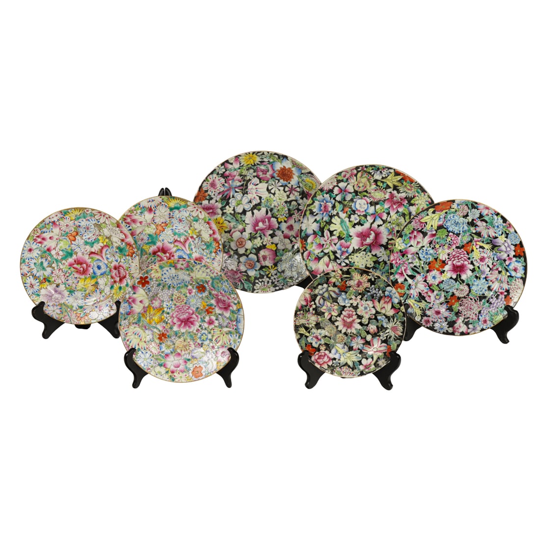 (lot of 7) Chinese famille rose mille fleur dishes: (lot of 7) Chinese famille rose mille fleur dishes. Republic period. from 6.25" to 9.25" across.