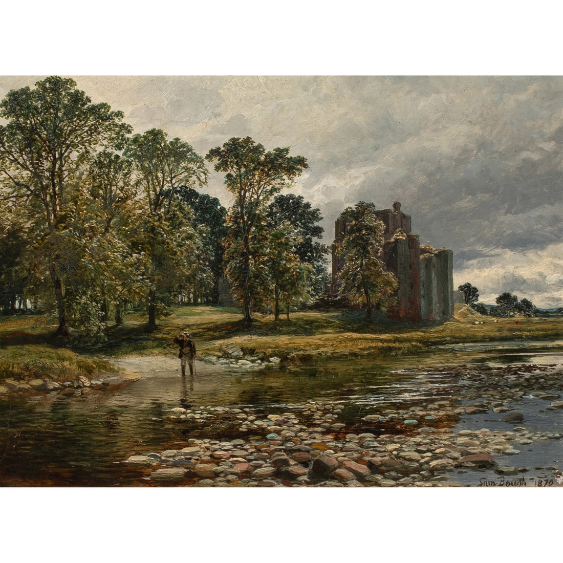 Painting, Sam Bough: Sam Bough (British, 1822–1878), Angler on the Banks of the River Eamont, Brougham Castle, England, 1870, signed and dated lower right, board: 9"h x 12"w, overall (with frame): 18.25"h x 21.5"w