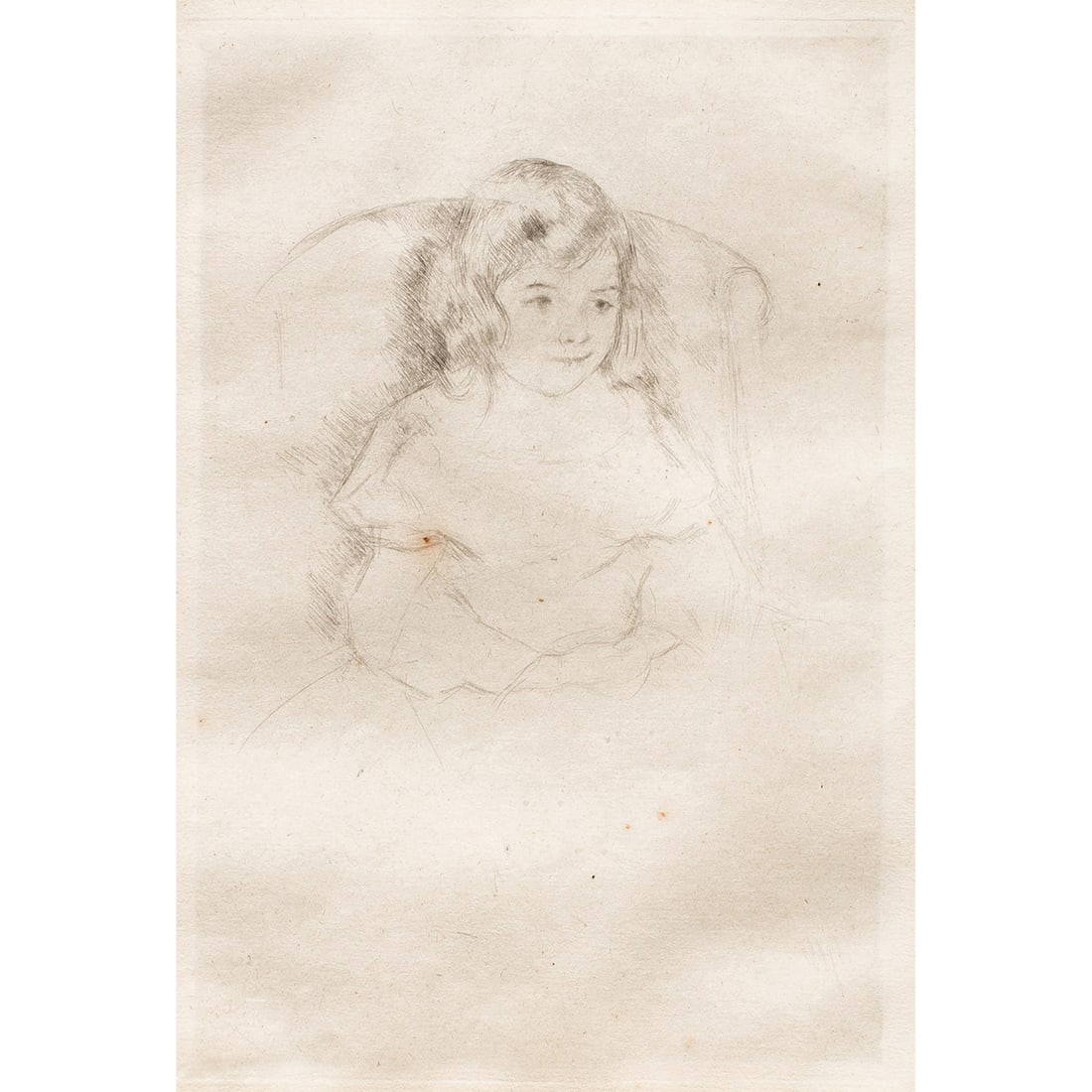 Print, Mary Cassatt: Mary Cassatt (American, 1844-1926), "Sarah Smiling," circa 1904, etching, unsigned, image: 9.25"h x 6.25"w, overall (with frame): 20.25"h x 16.5"w. Note: Proceeds from the sale of this lot will be