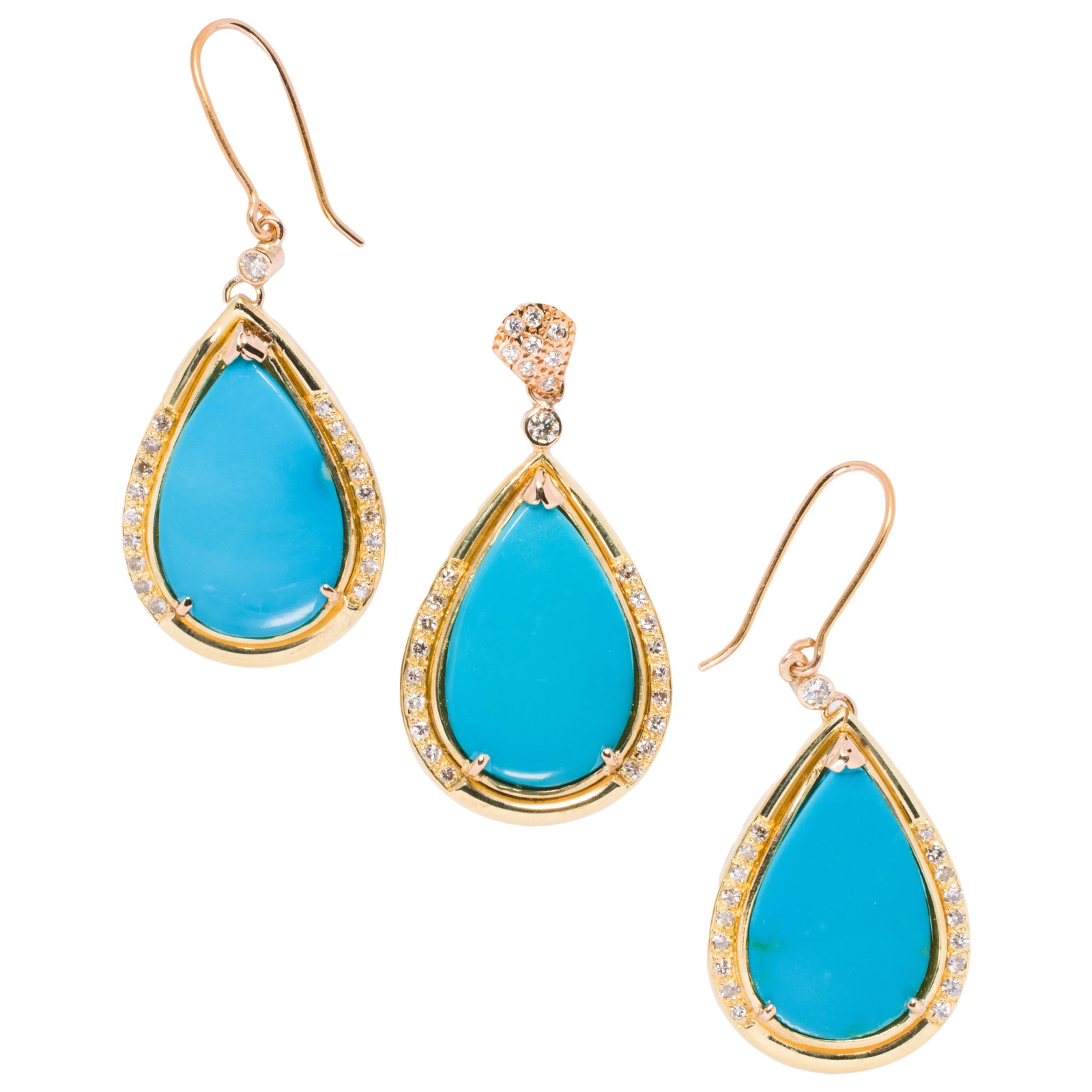 A turquoise, diamond and 18k gold pendant earring set: A turquoise, diamond and 18k gold pendant earring set each featuring a pear-shaped turquoise cabochon weighing approximately 23.90 carats in total, accented by round brilliant-cut diamonds; estimated 