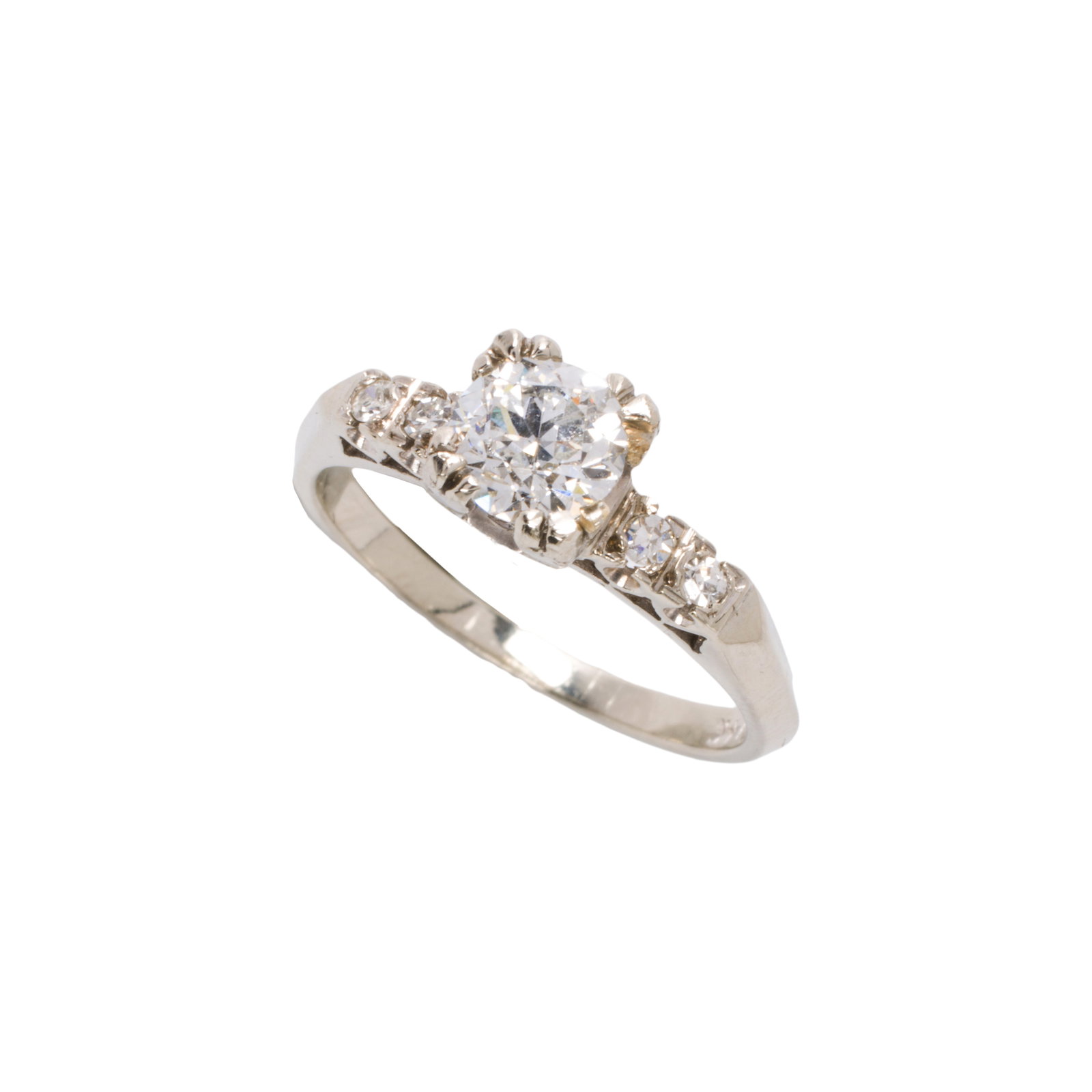 A diamond and 14k white gold ring: A diamond and 14k white gold ring centering a european-cut diamond weighing approximately 0.70 carats, accented by smaller diamonds; ring size: 6; 2.50 grams