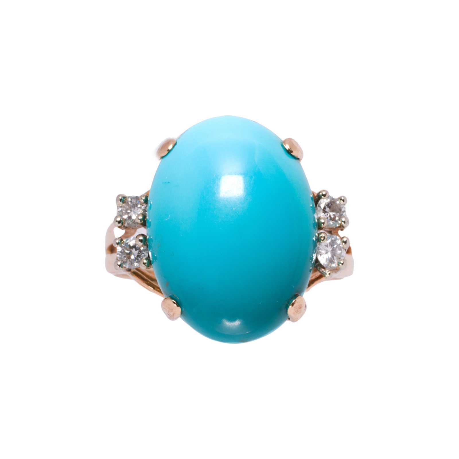 A turquoise, diamond and 14k gold ring: centering an oval turquoise cabochon measuring approximately 16.05 x 11.89 x 7.55 mm, accented by 4 round brilliant-cut diamonds; 5.20 grams; size: 4 (with sizing beads)