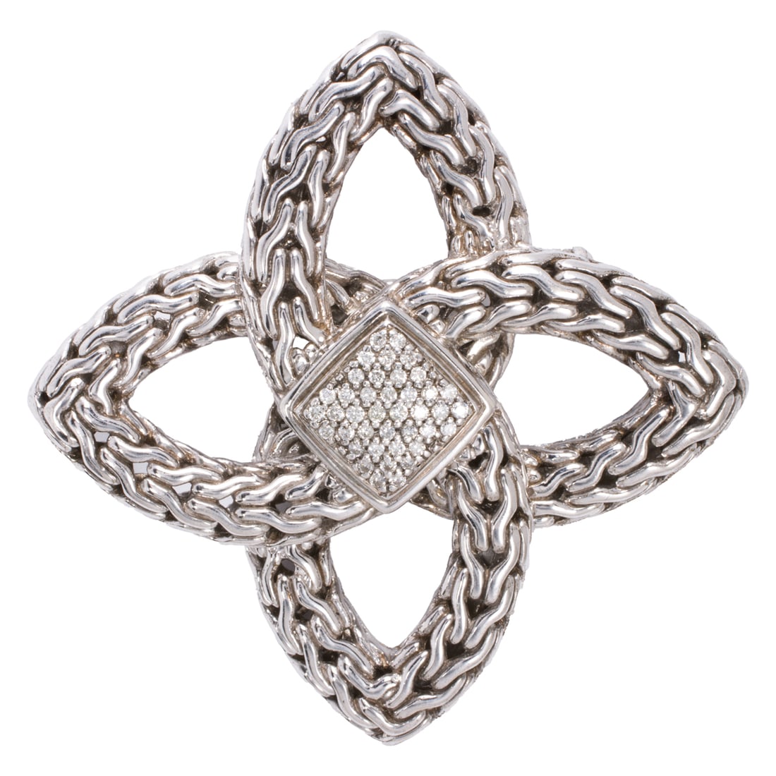 A John Hardy diamond, sterling silver, and pendant brooch: A John Hardy diamond, sterling silver, and pendant brooch Designed as a celtic knot, centering an arrangement of 40 round brilliant-cut diamonds; stamped 925 and 18k; length: 2 in; 21.70 grams