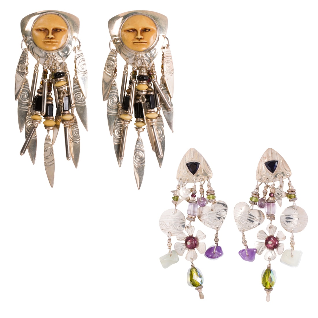Two pairs of sterling silver Tabra earrings: Two pairs of sterling silver Tabra earrings One pair designed with a trillion-cut imitation gemstone surmount, accented by glass bead and sterling silver hearts, stars, and flower tassels, together