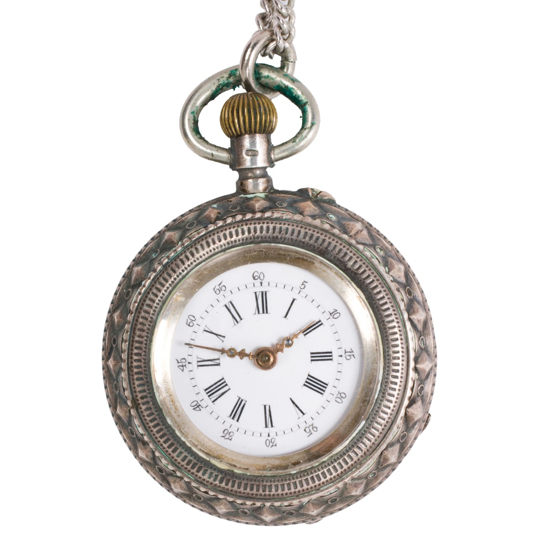 An antique silver pocket watch and chain: An antique silver pocket watch and chain The white-tone face, black Roman indices, gold-tone Louis IV hands, within decorative silver case, containing manual movement, on silver curb-link chain; chain