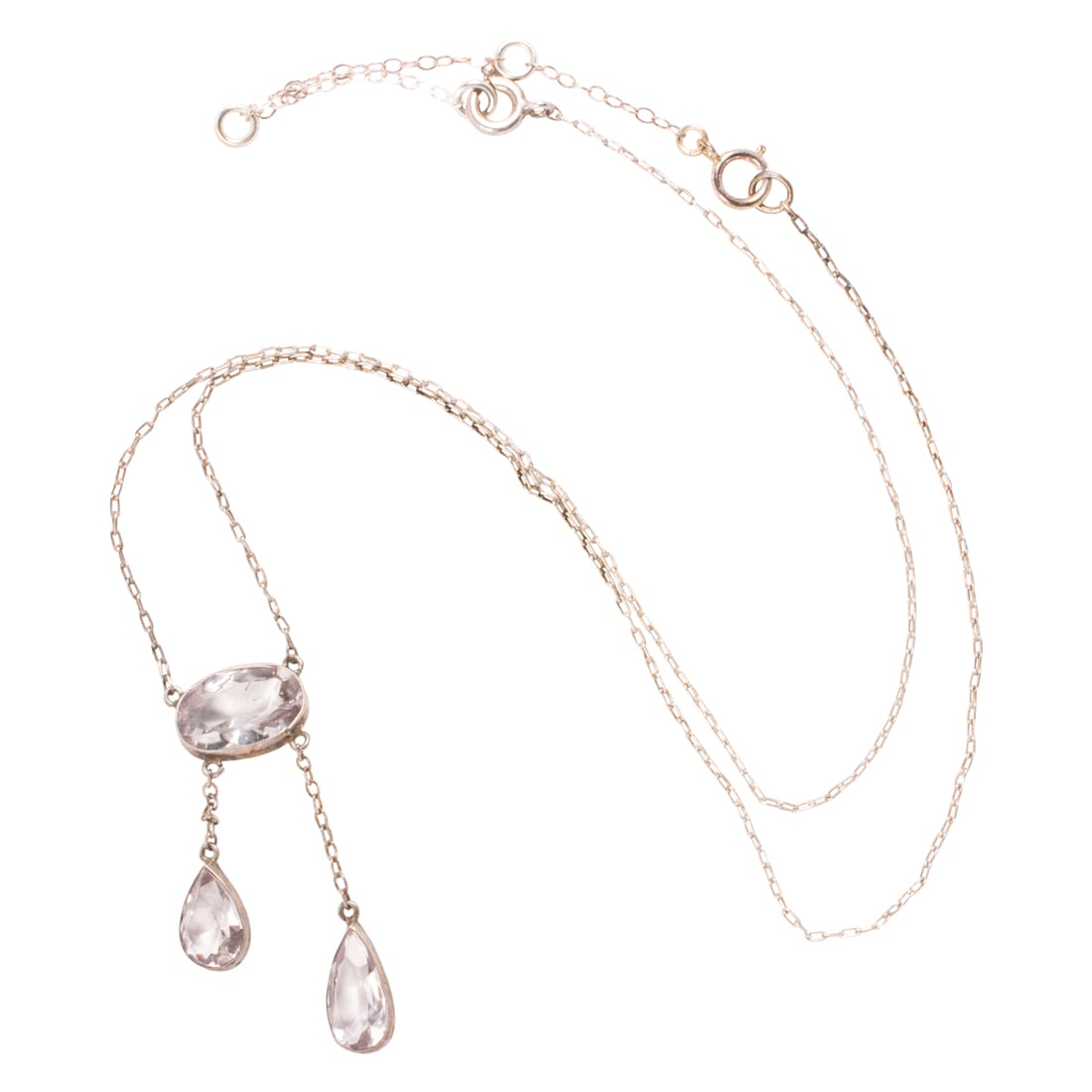 A quartz and silver necklace: A quartz and silver necklace Designed with one oval-cut quartz measuring 11.60 x 7.60 mm, suspending two pear-cut quartz; length: 18 3/4 in; 3.00 grams