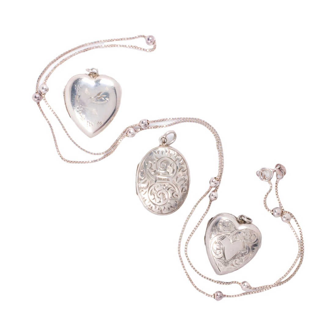 Three antique silver lockets and chain (1 of 1)