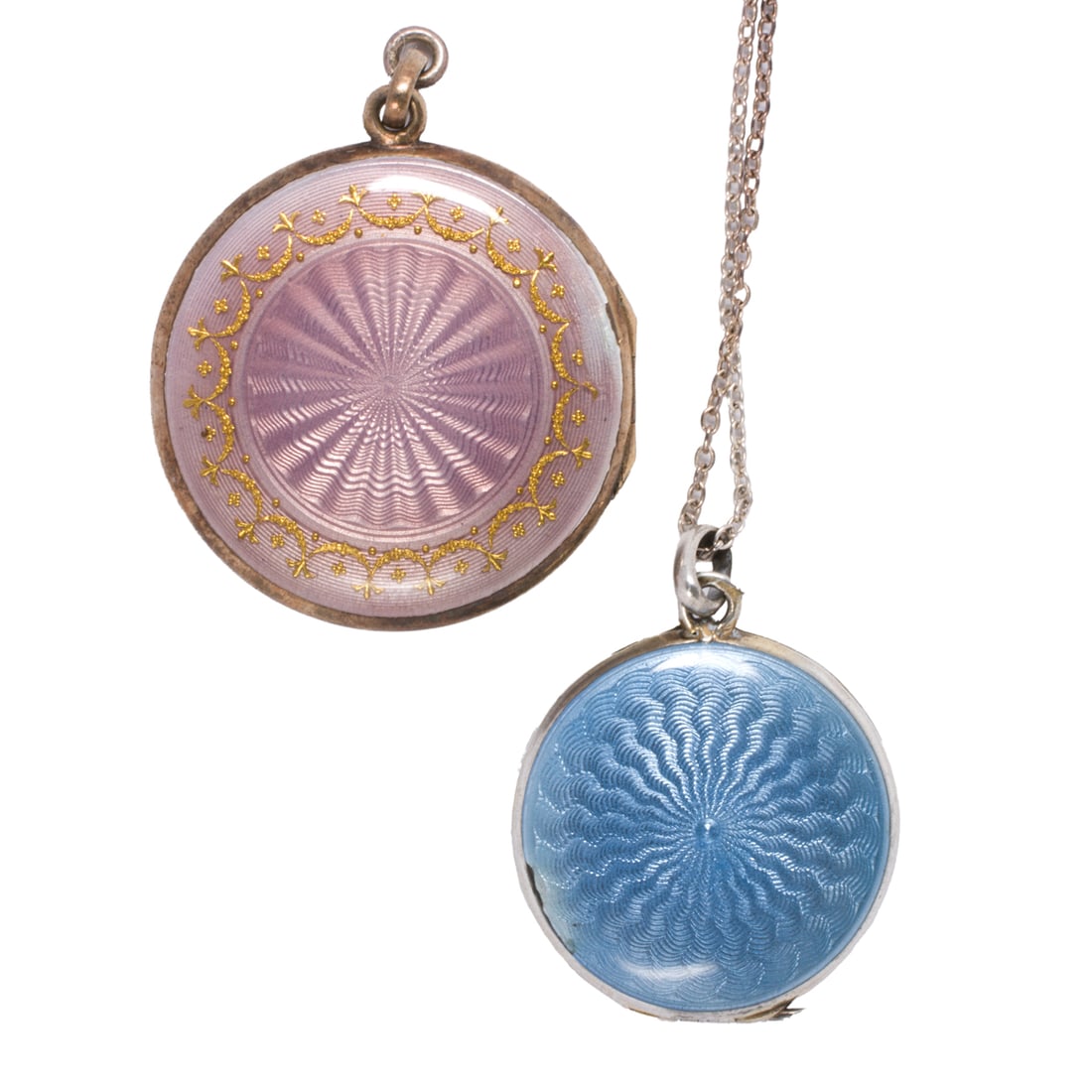 Two antique Guilloche enamel silver lockets and chain (1 of 1)