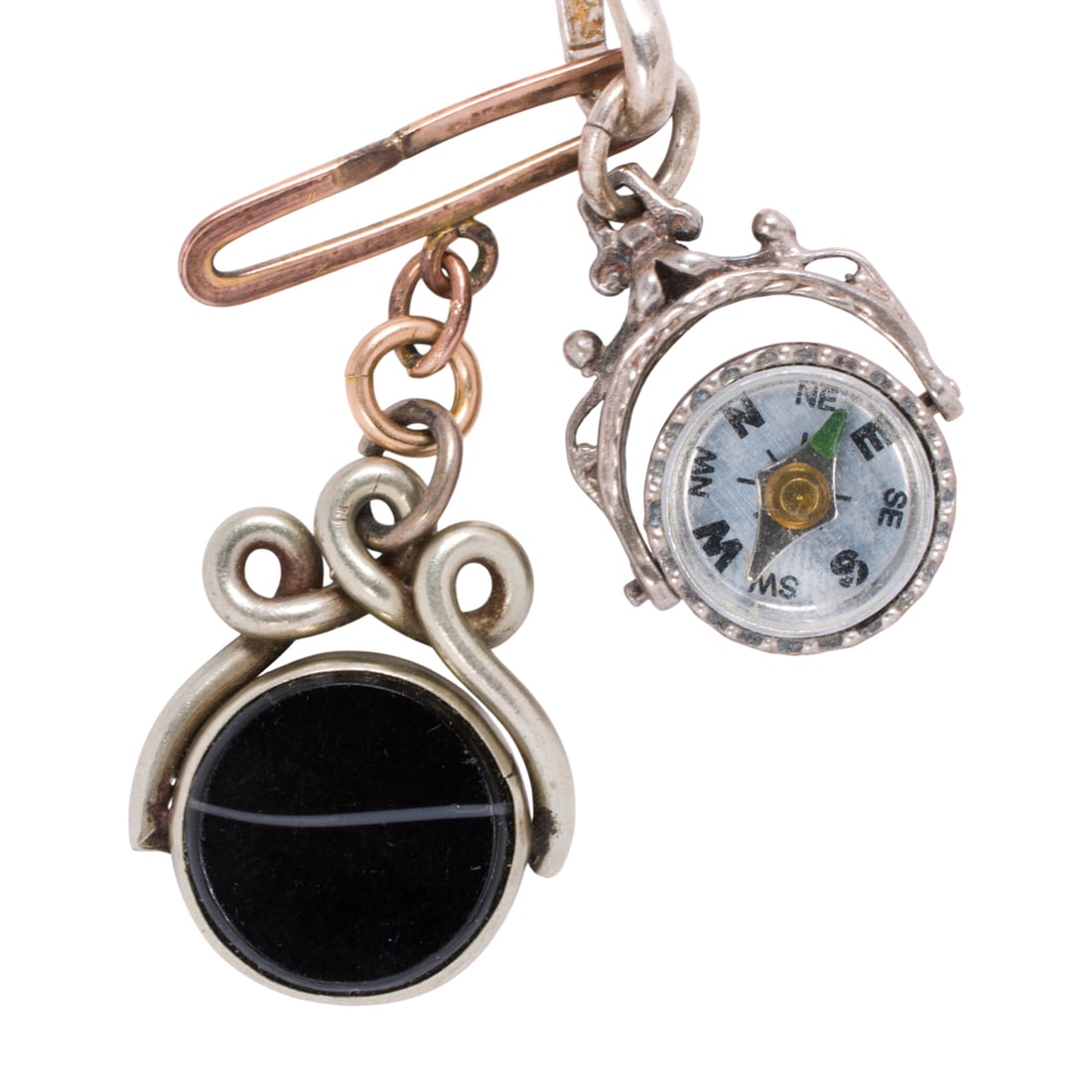 Two silver watch fobs and a chain (1 of 2)