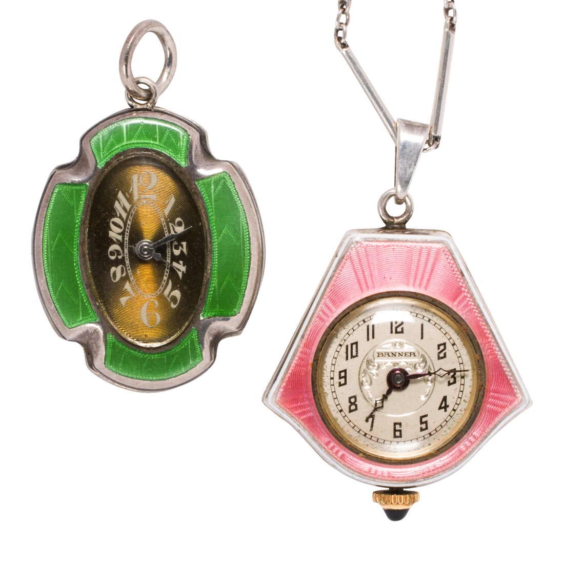 Two antique guilloche enamel pocket watches and chain (1 of 2)